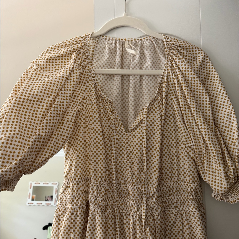 Anthropologie Cream and tan print Tiered Maxi Dress with Puff Sleeves - Picture 5 of 5